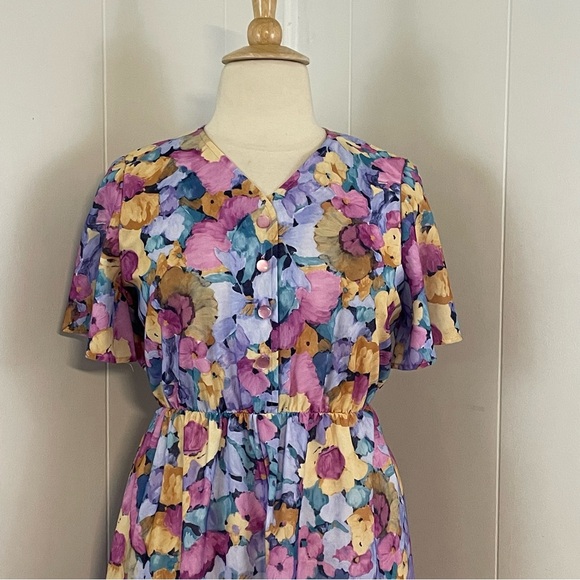 Vintage Floral Dress Women’s XL Short Sleeve A-Line‎ Midi Short Sleeve - Picture 2 of 8